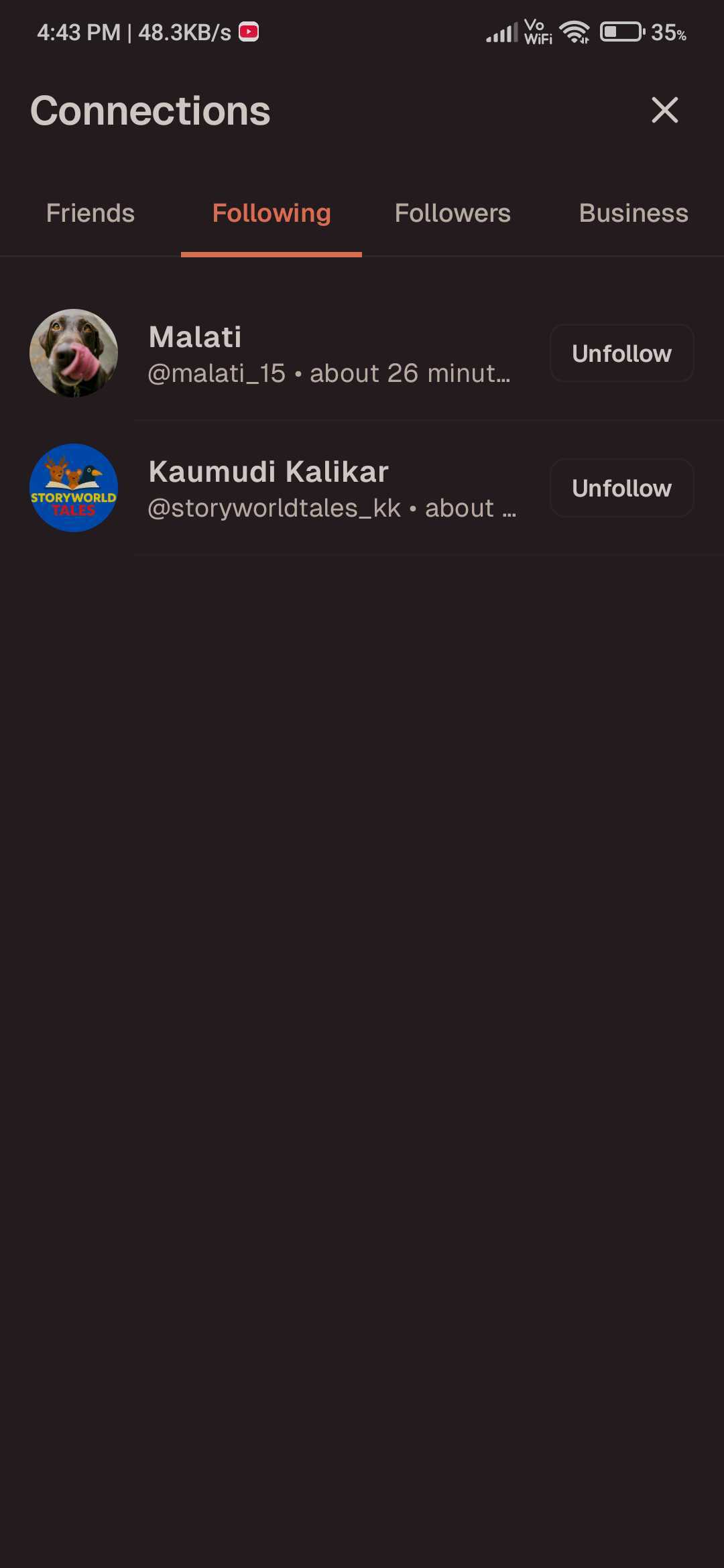 Profile Lists screen showing Followers - Mobile View